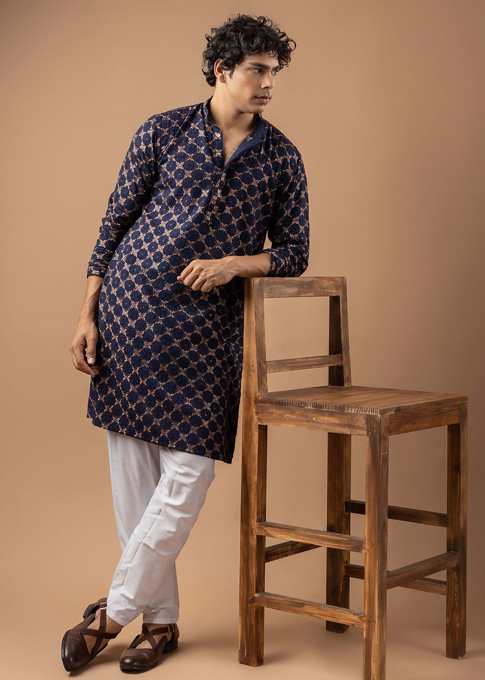 Navy Blue Rayon Kurta with Circular Motif Embroidery