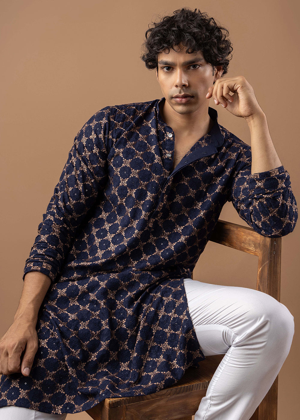 Navy Blue Rayon Kurta with Circular Motif Embroidery