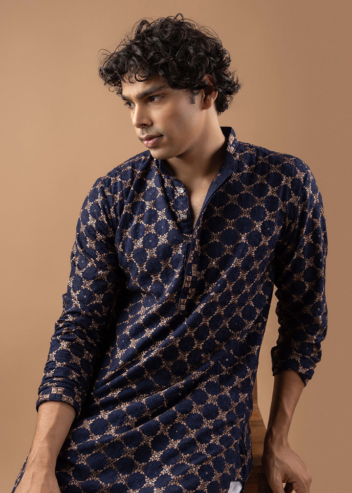 Navy Blue Rayon Kurta with Circular Motif Embroidery