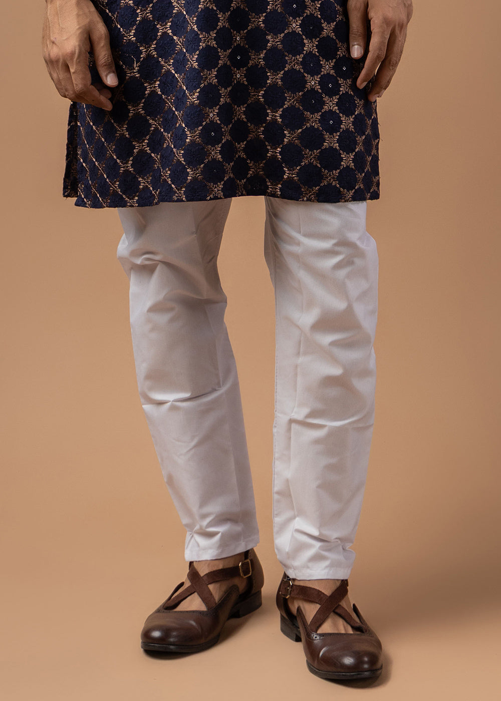 Navy Blue Rayon Kurta with Circular Motif Embroidery