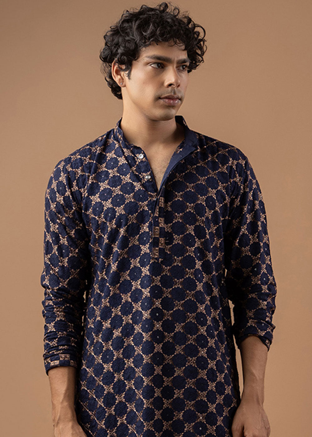 Navy Blue Rayon Kurta with Circular Motif Embroidery
