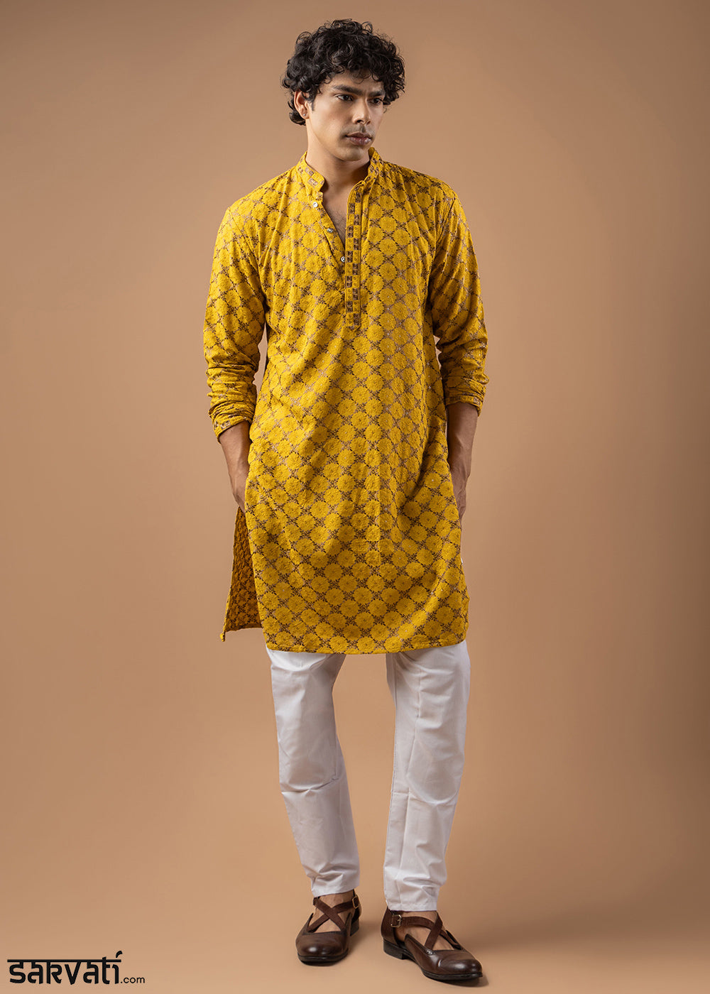Gold Yellow Rayon Kurta with Circular Motif Embroidery