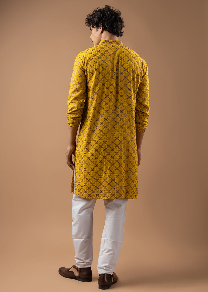 Gold Yellow Rayon Kurta with Circular Motif Embroidery
