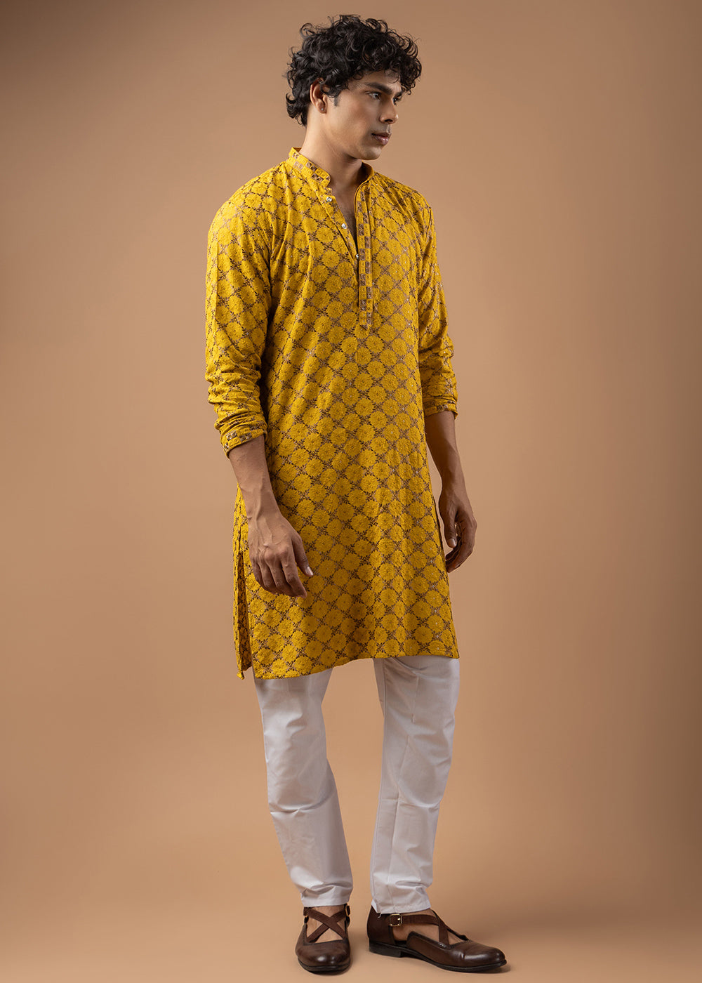 Gold Yellow Rayon Kurta with Circular Motif Embroidery