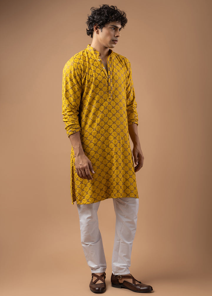 Gold Yellow Rayon Kurta with Circular Motif Embroidery