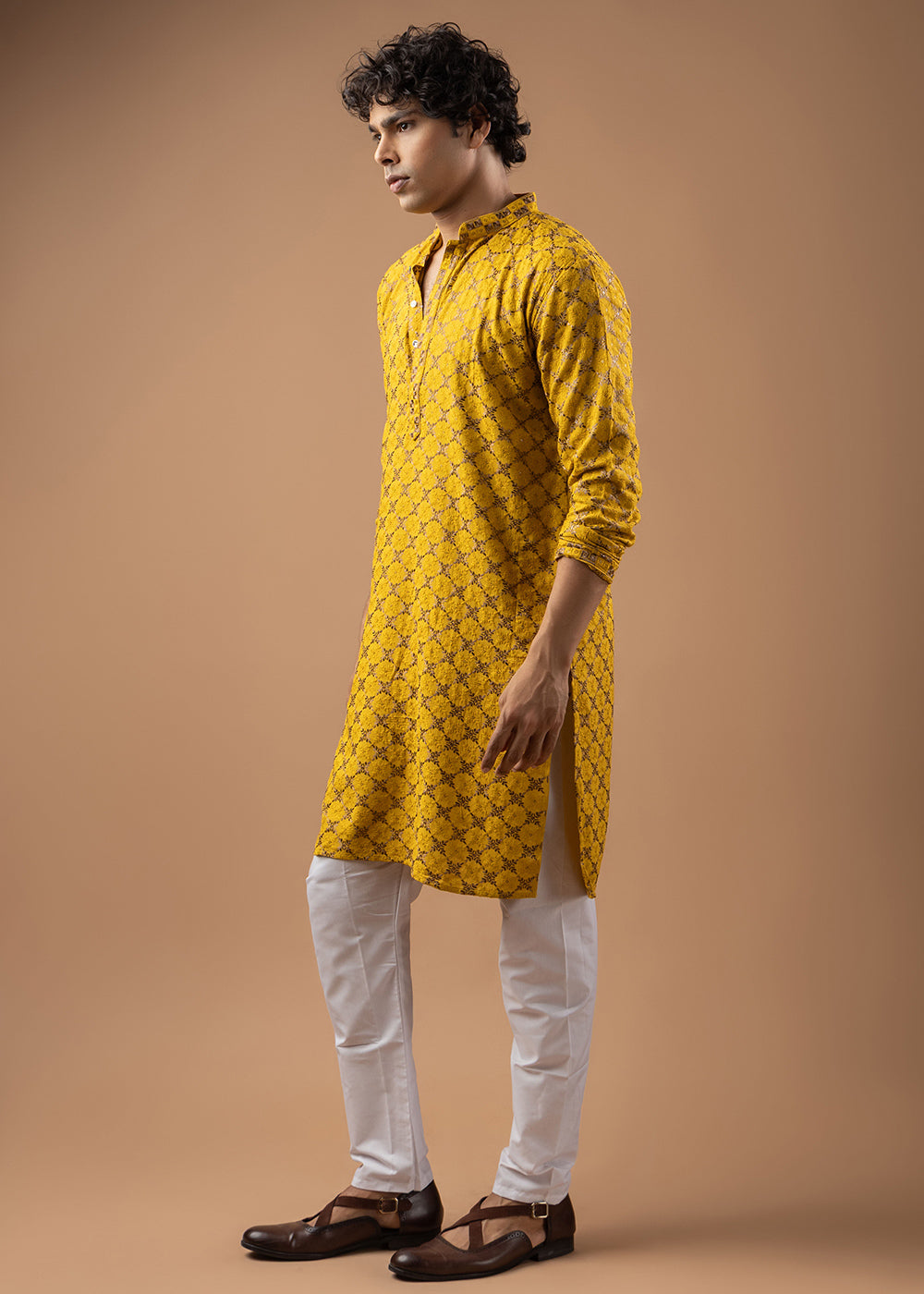 Gold Yellow Rayon Kurta with Circular Motif Embroidery