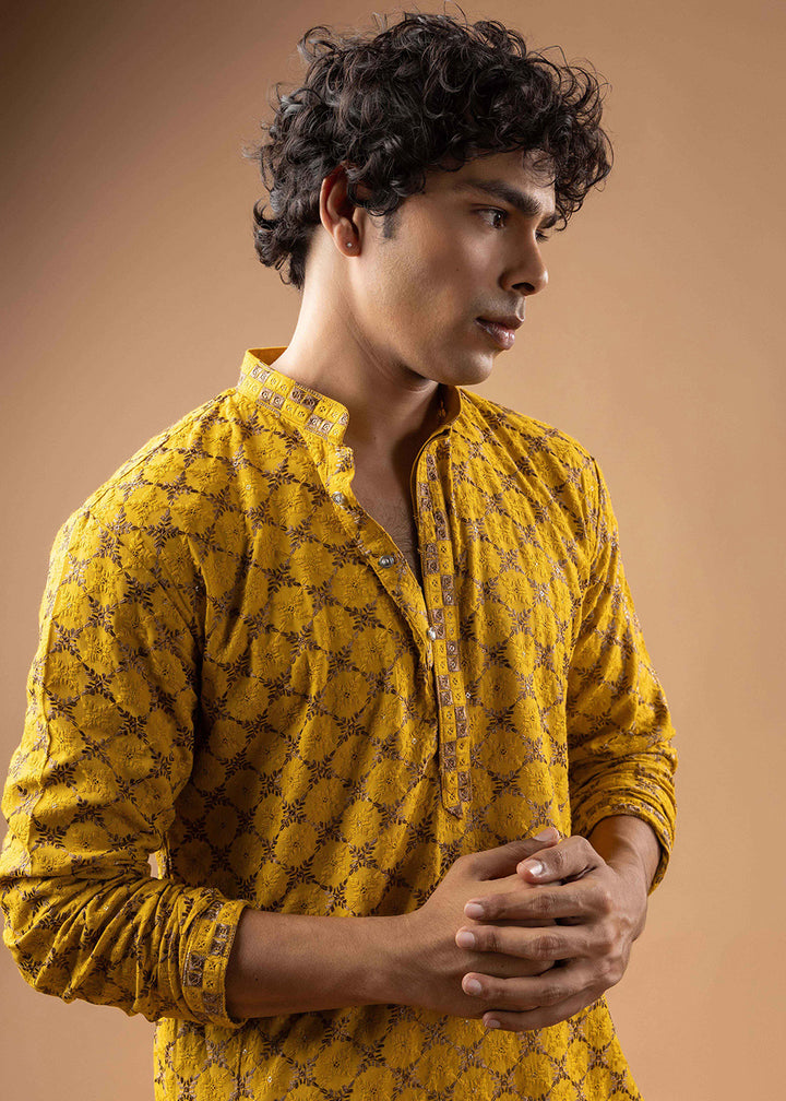 Gold Yellow Rayon Kurta with Circular Motif Embroidery
