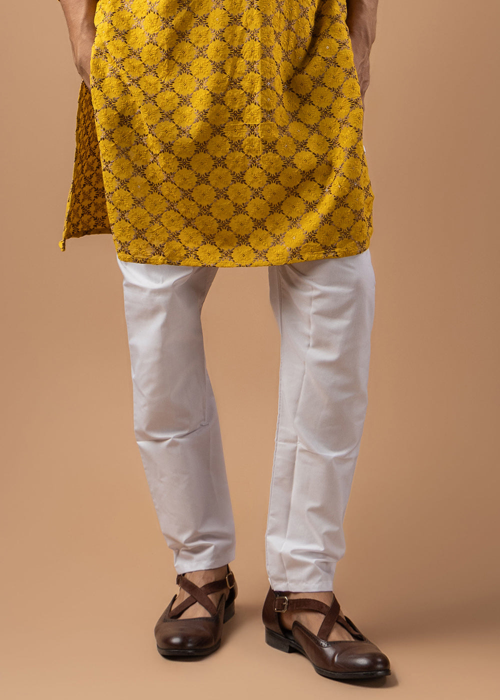 Gold Yellow Rayon Kurta with Circular Motif Embroidery