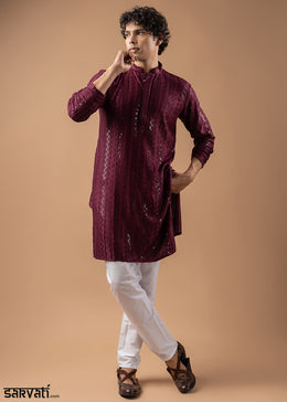 Burgundy Purple Rayon Kurta with Embroidered Sequin Accents