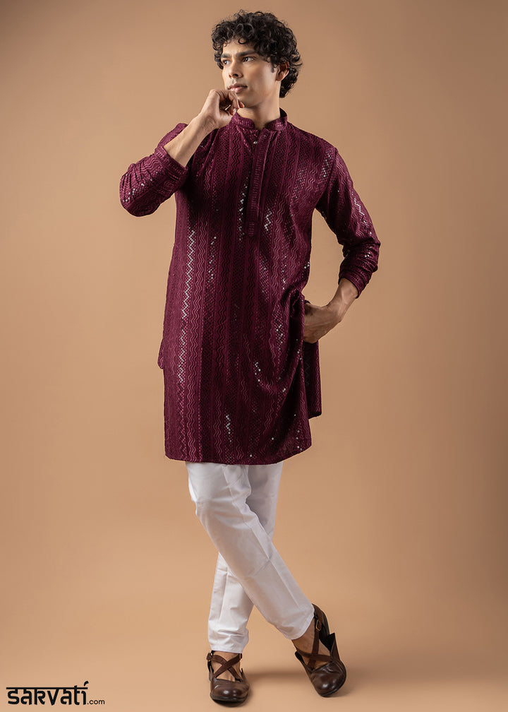Burgundy Purple Rayon Kurta with Embroidered Sequin Accents
