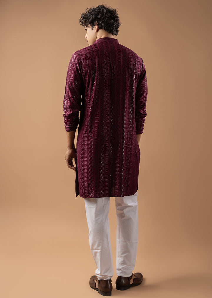 Burgundy Purple Rayon Kurta with Embroidered Sequin Accents