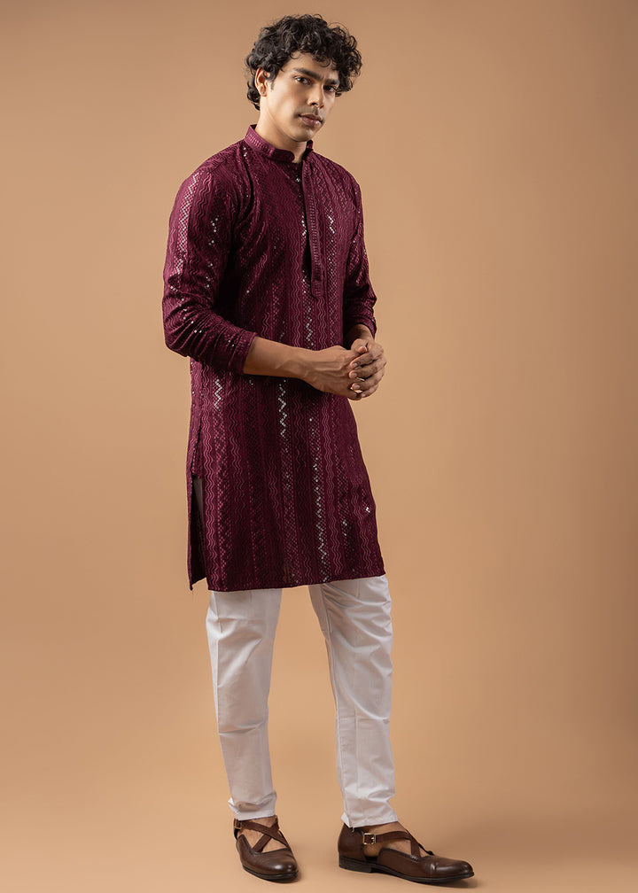 Burgundy Purple Rayon Kurta with Embroidered Sequin Accents