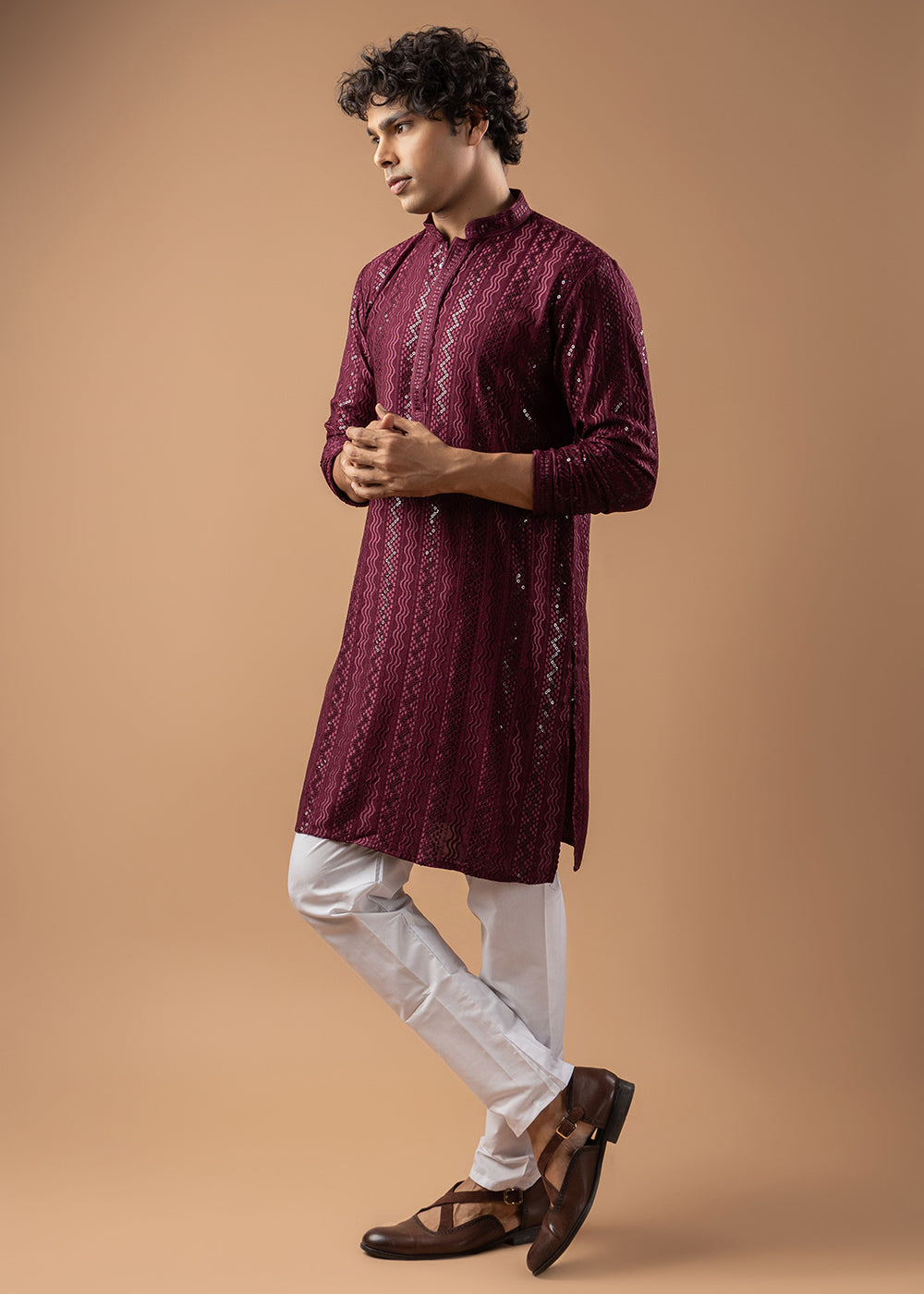Burgundy Purple Rayon Kurta with Embroidered Sequin Accents