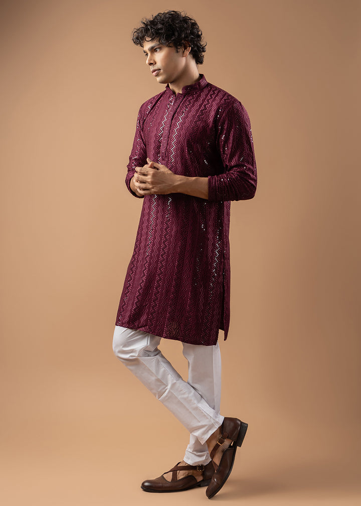 Burgundy Purple Rayon Kurta with Embroidered Sequin Accents