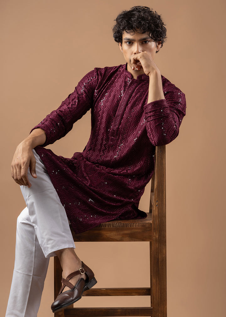 Burgundy Purple Rayon Kurta with Embroidered Sequin Accents