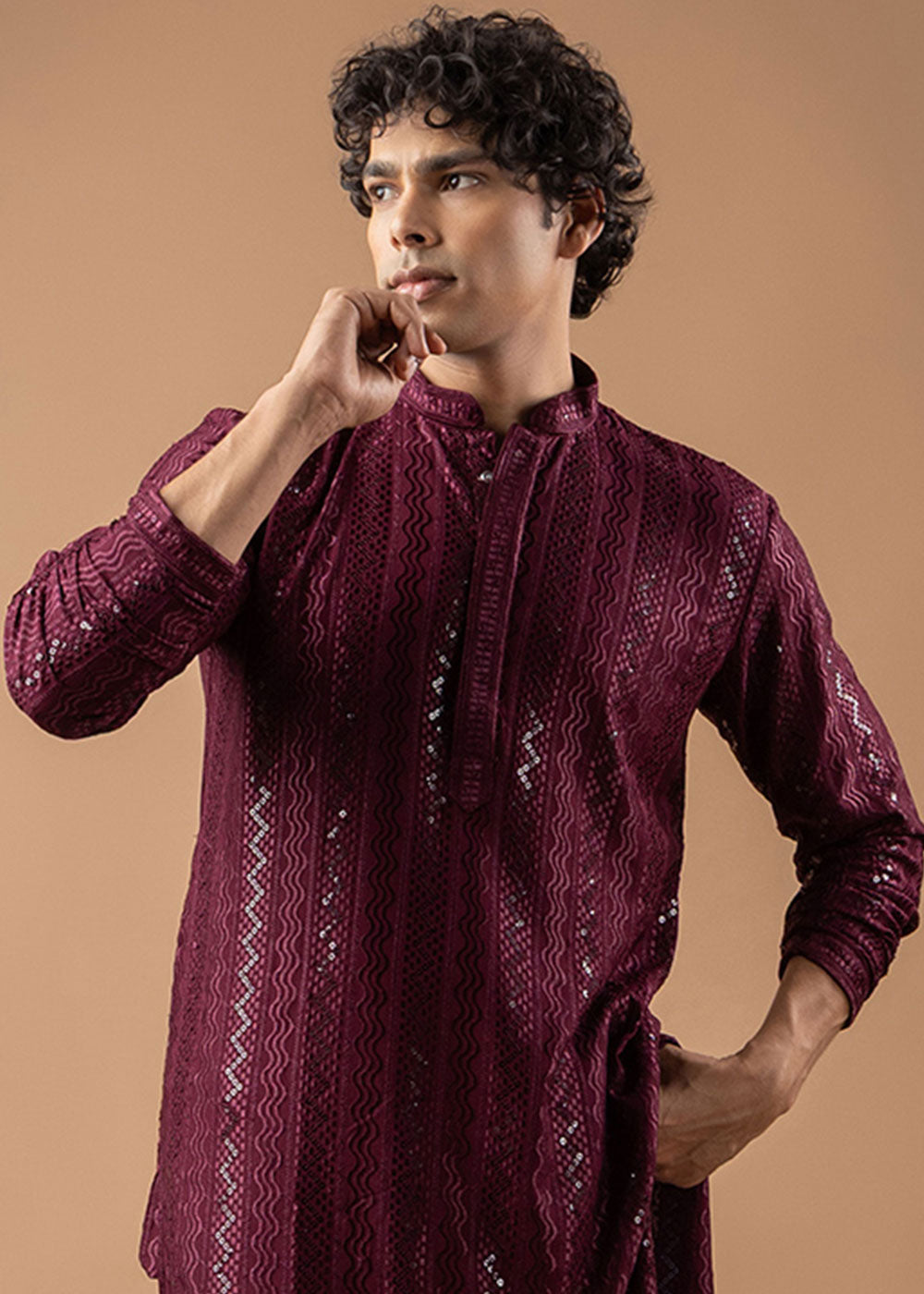 Burgundy Purple Rayon Kurta with Embroidered Sequin Accents
