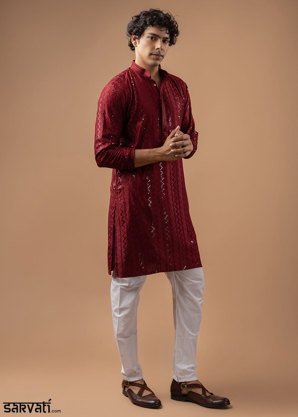 Maroon Red Rayon Kurta with Embroidered Sequin Accents