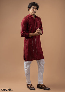 Maroon Red Rayon Kurta with Embroidered Sequin Accents