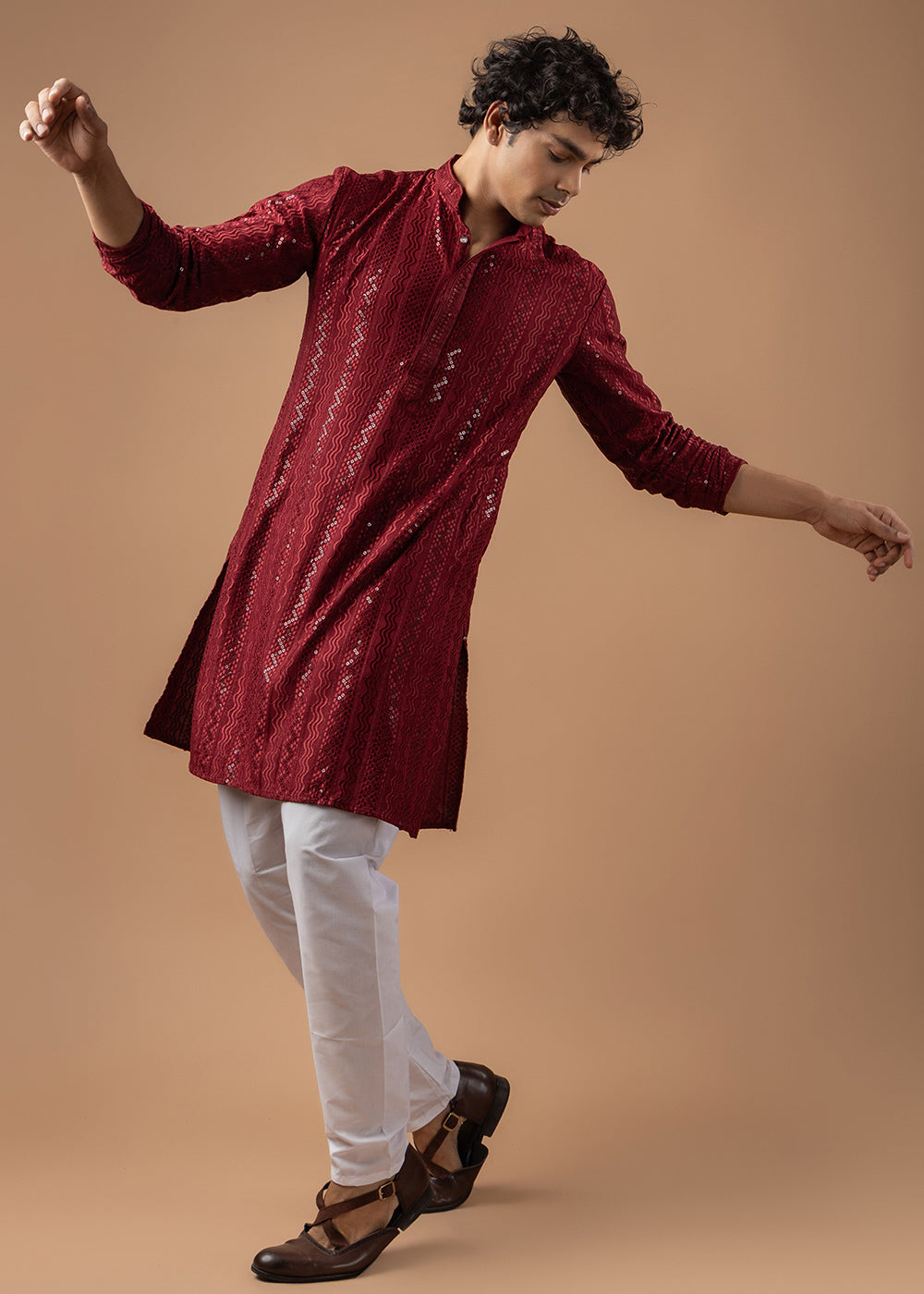 Maroon Red Rayon Kurta with Embroidered Sequin Accents