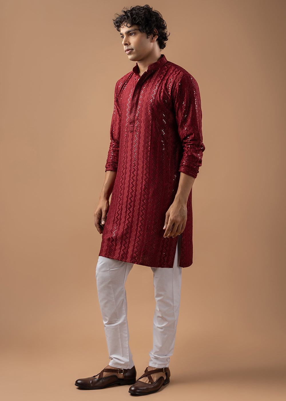 Maroon Red Rayon Kurta with Embroidered Sequin Accents