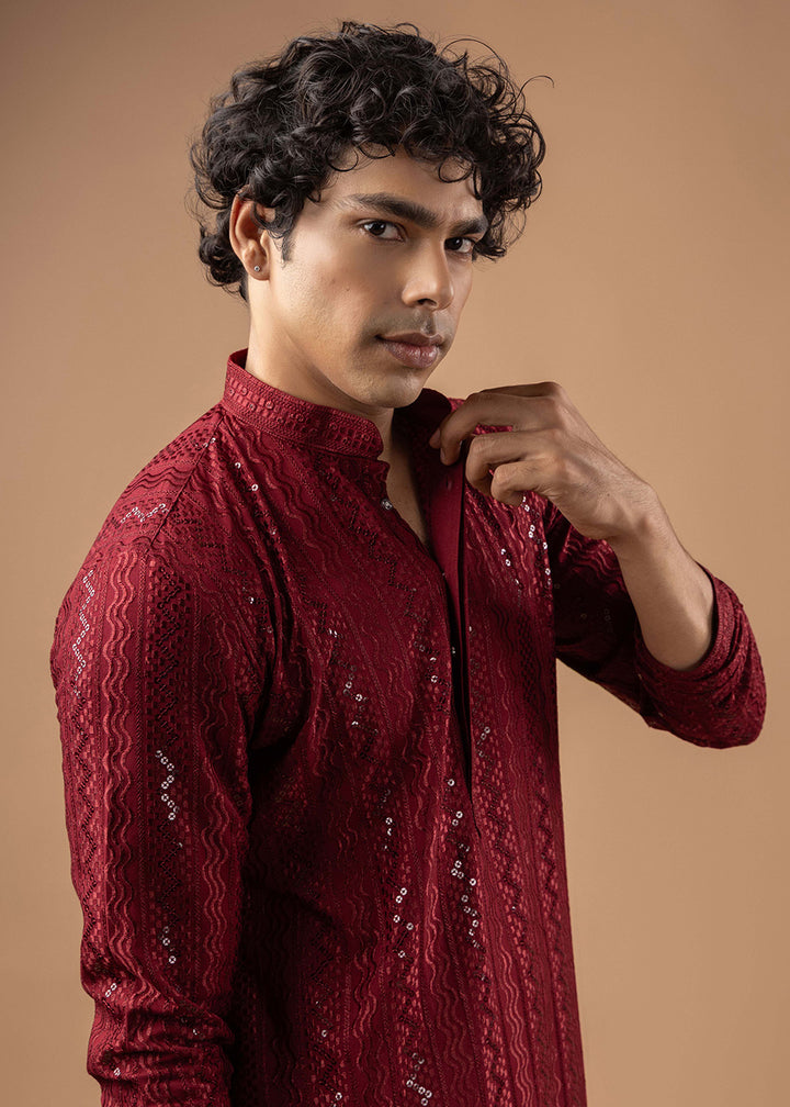 Maroon Red Rayon Kurta with Embroidered Sequin Accents