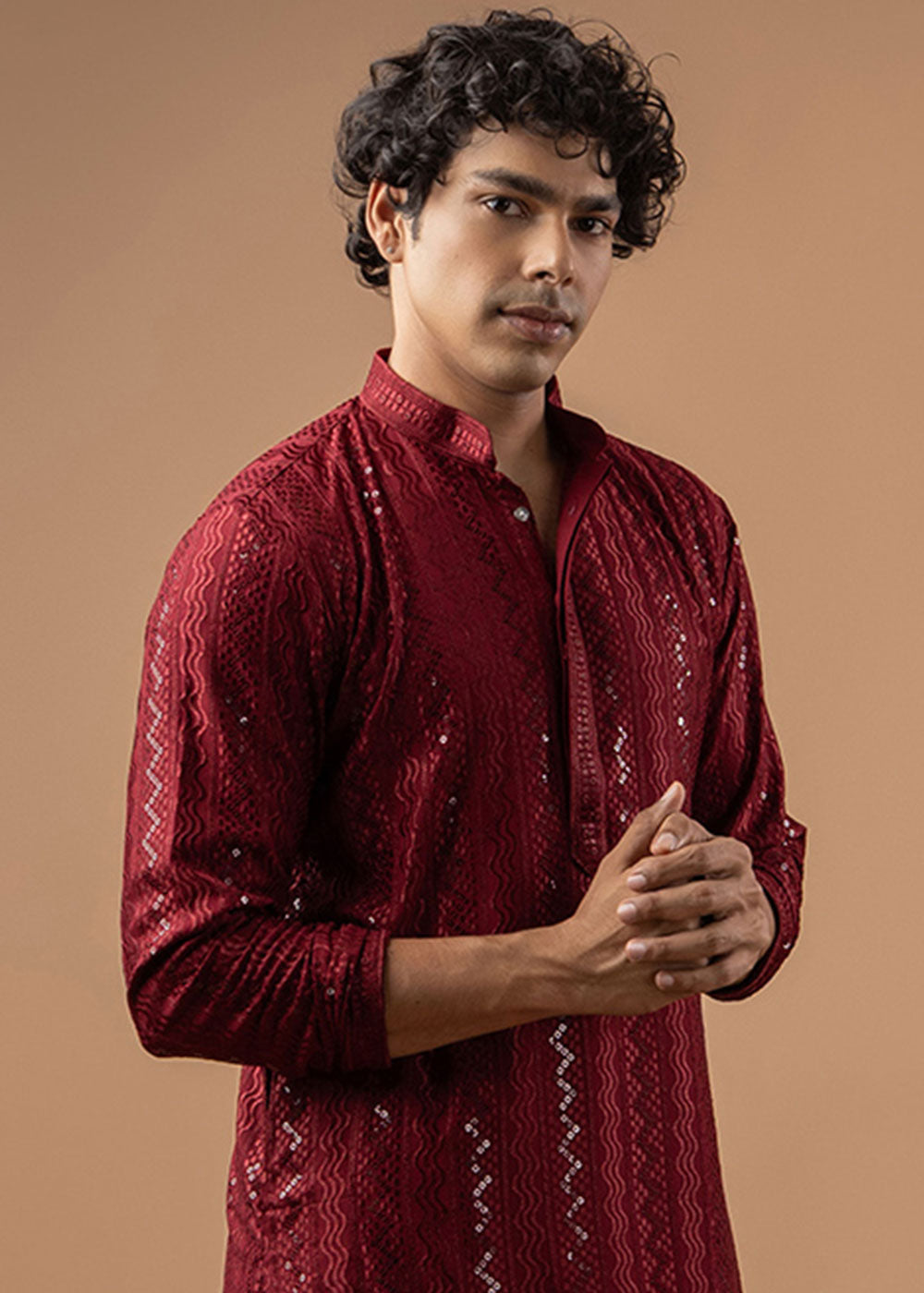 Maroon Red Rayon Kurta with Embroidered Sequin Accents