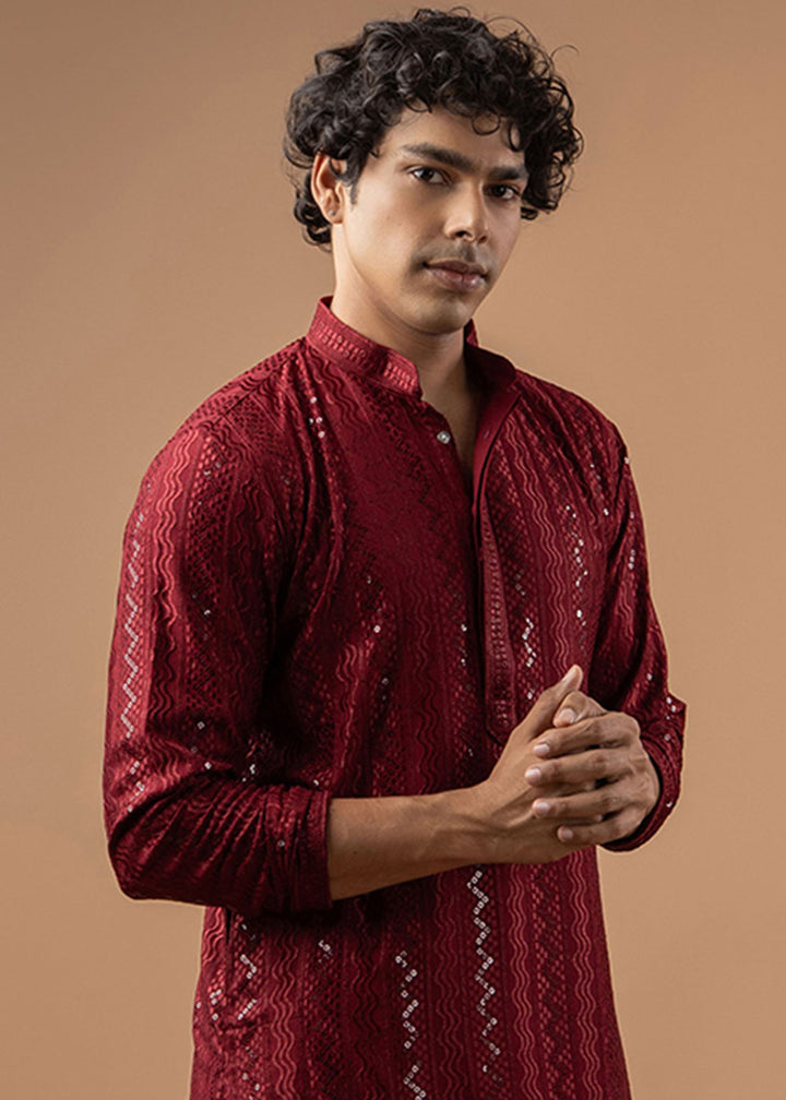 Maroon Red Rayon Kurta with Embroidered Sequin Accents
