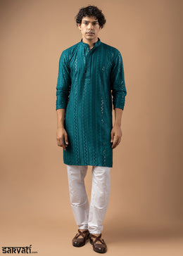 Teal Blue Rayon Kurta with Embroidered Sequin Accents