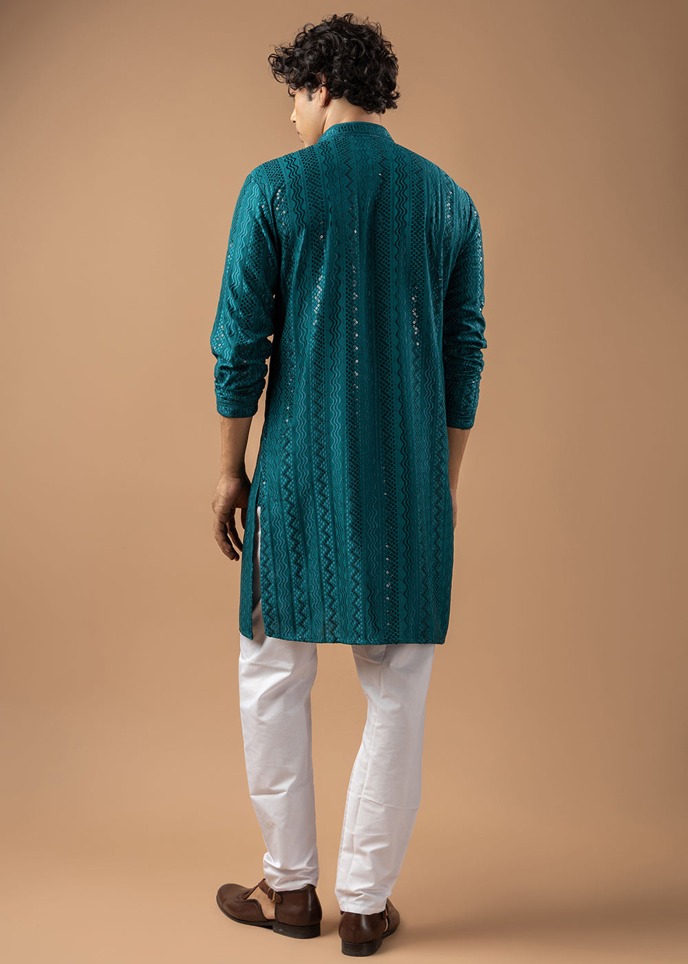 Teal Blue Rayon Kurta with Embroidered Sequin Accents