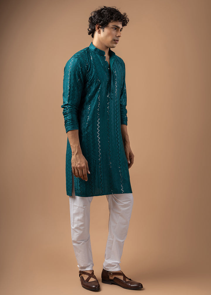 Teal Blue Rayon Kurta with Embroidered Sequin Accents