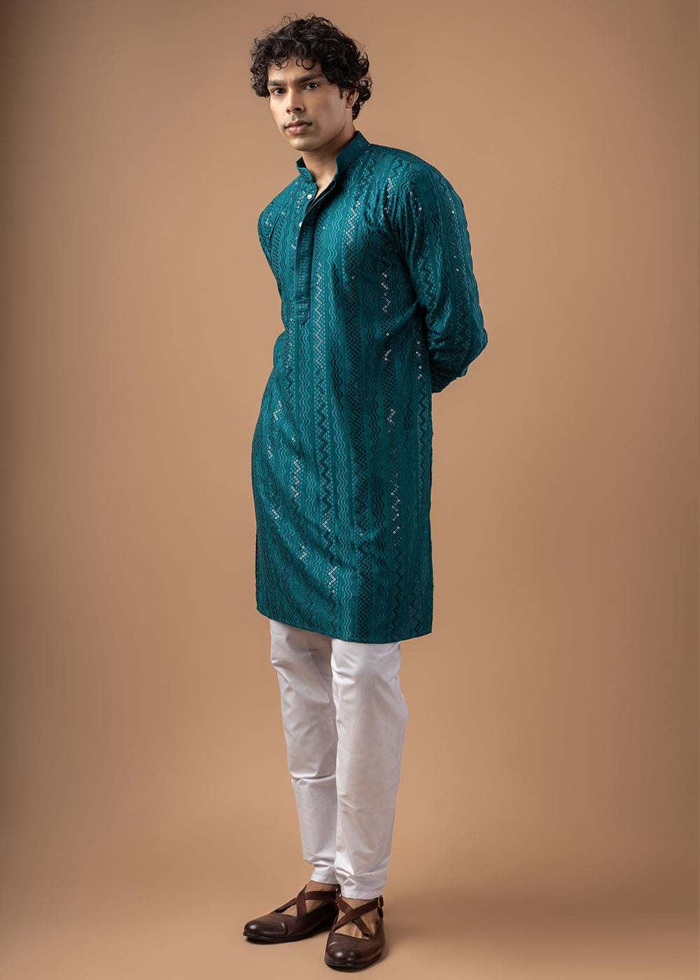 Teal Blue Rayon Kurta with Embroidered Sequin Accents