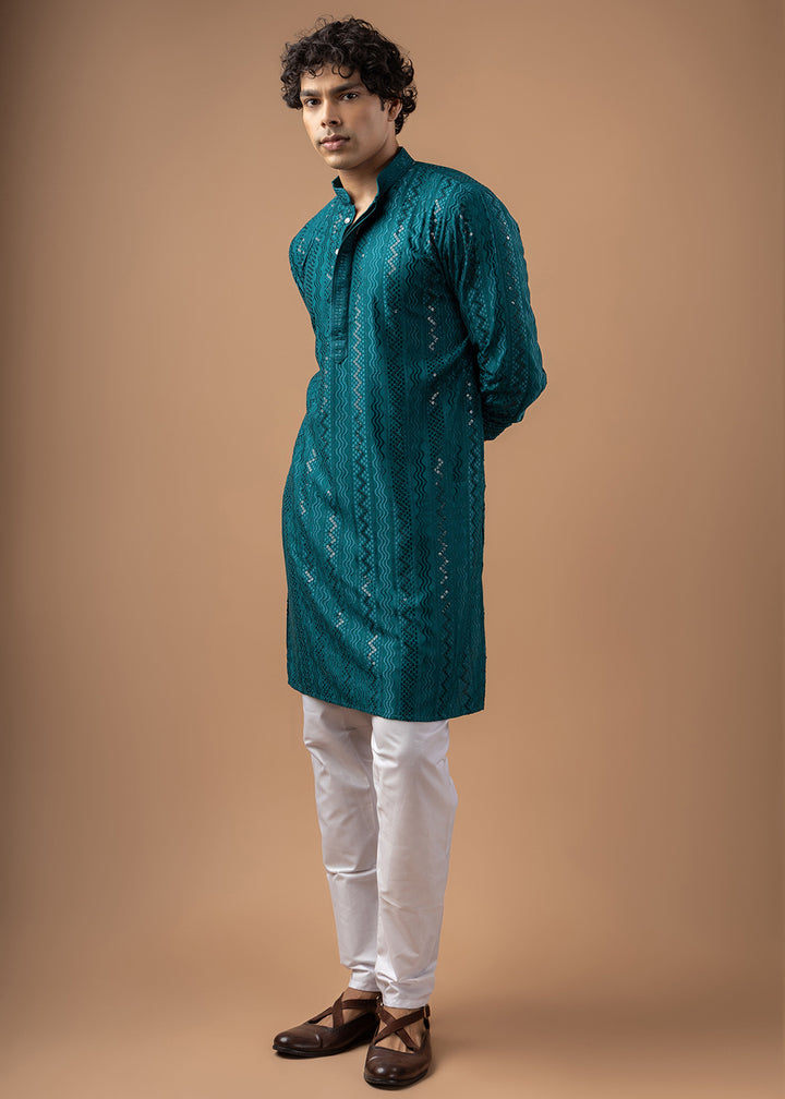 Teal Blue Rayon Kurta with Embroidered Sequin Accents