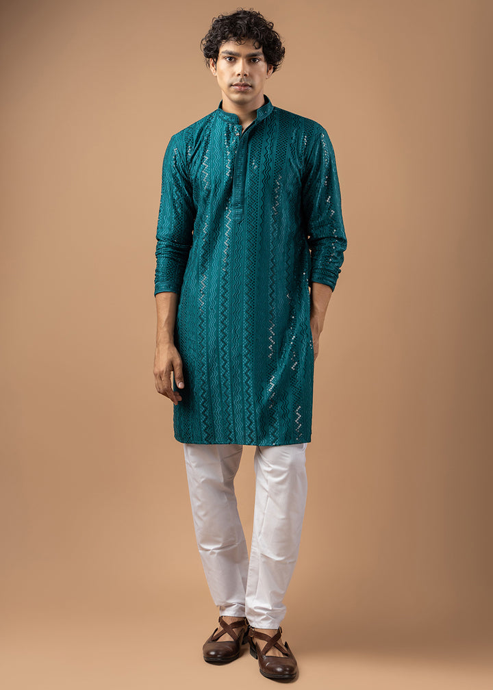 Teal Blue Rayon Kurta with Embroidered Sequin Accents