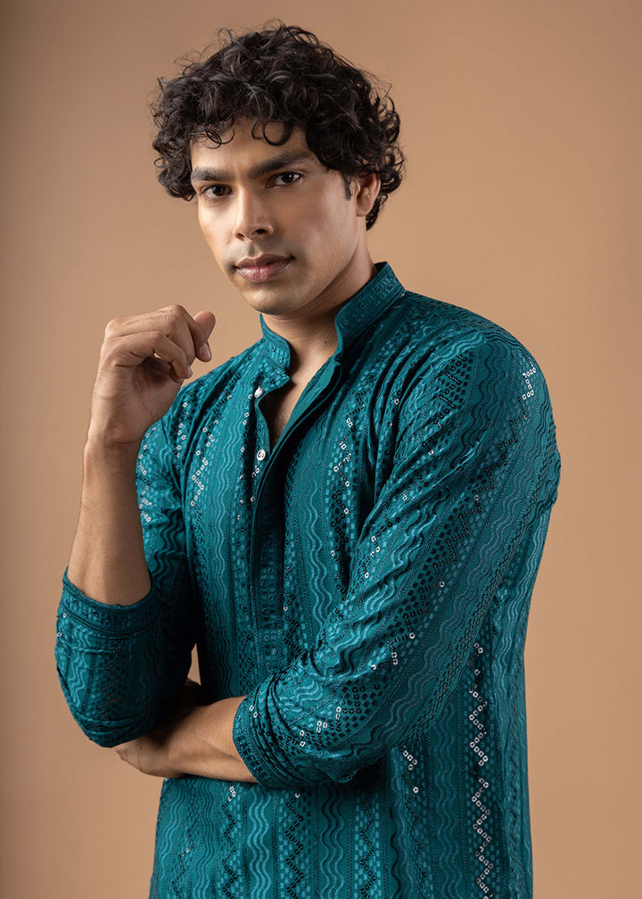Teal Blue Rayon Kurta with Embroidered Sequin Accents