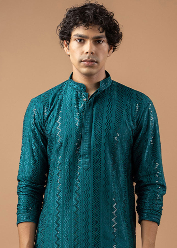 Teal Blue Rayon Kurta with Embroidered Sequin Accents