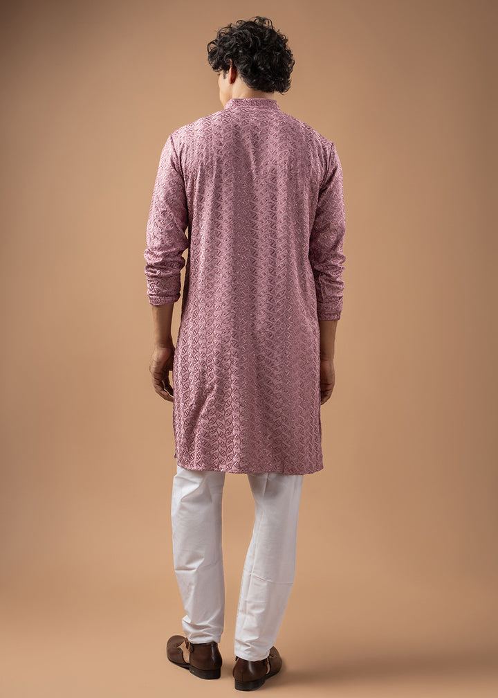 Sea Pink Rayon Kurta with Ornamental Embroidery
