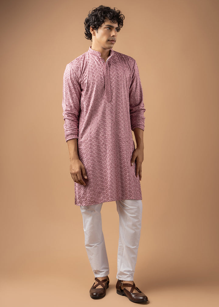 Sea Pink Rayon Kurta with Ornamental Embroidery