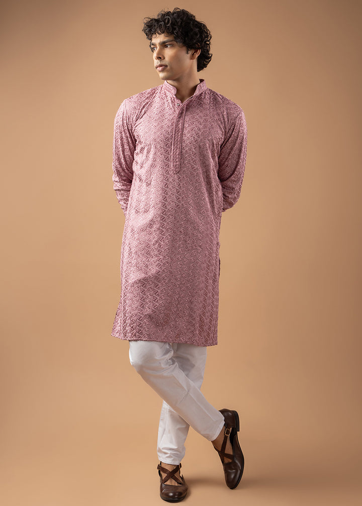 Sea Pink Rayon Kurta with Ornamental Embroidery