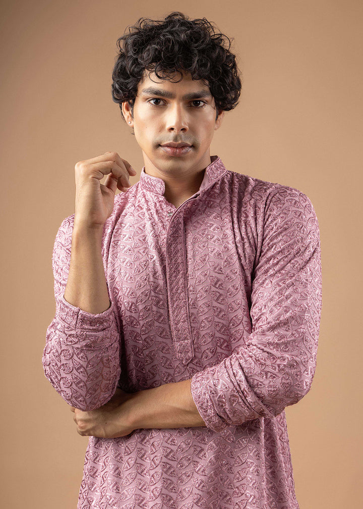Sea Pink Rayon Kurta with Ornamental Embroidery
