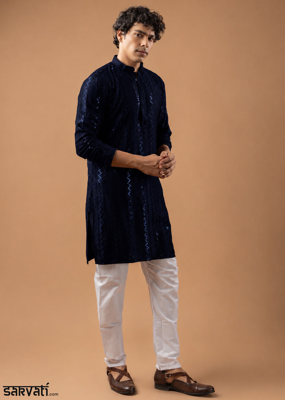 Midnight Blue Rayon Kurta with Embroidered Sequin Accents