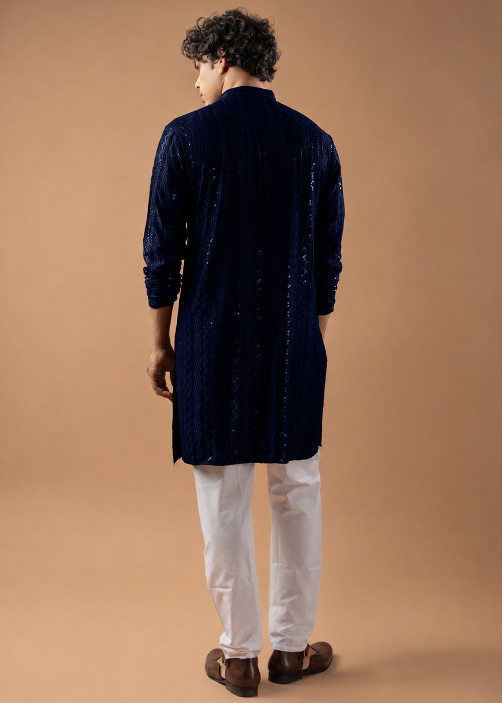 Midnight Blue Rayon Kurta with Embroidered Sequin Accents