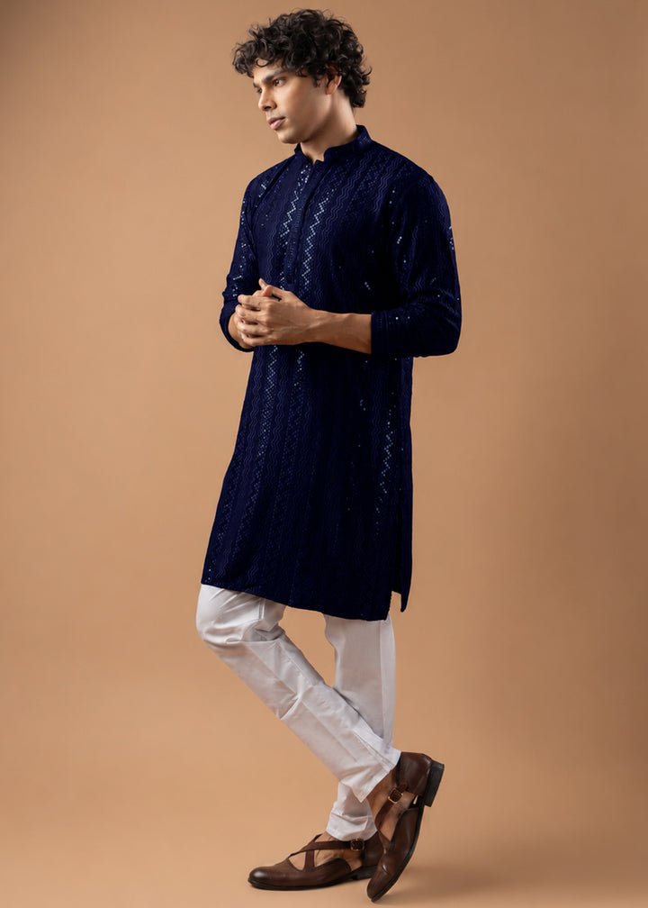 Midnight Blue Rayon Kurta with Embroidered Sequin Accents