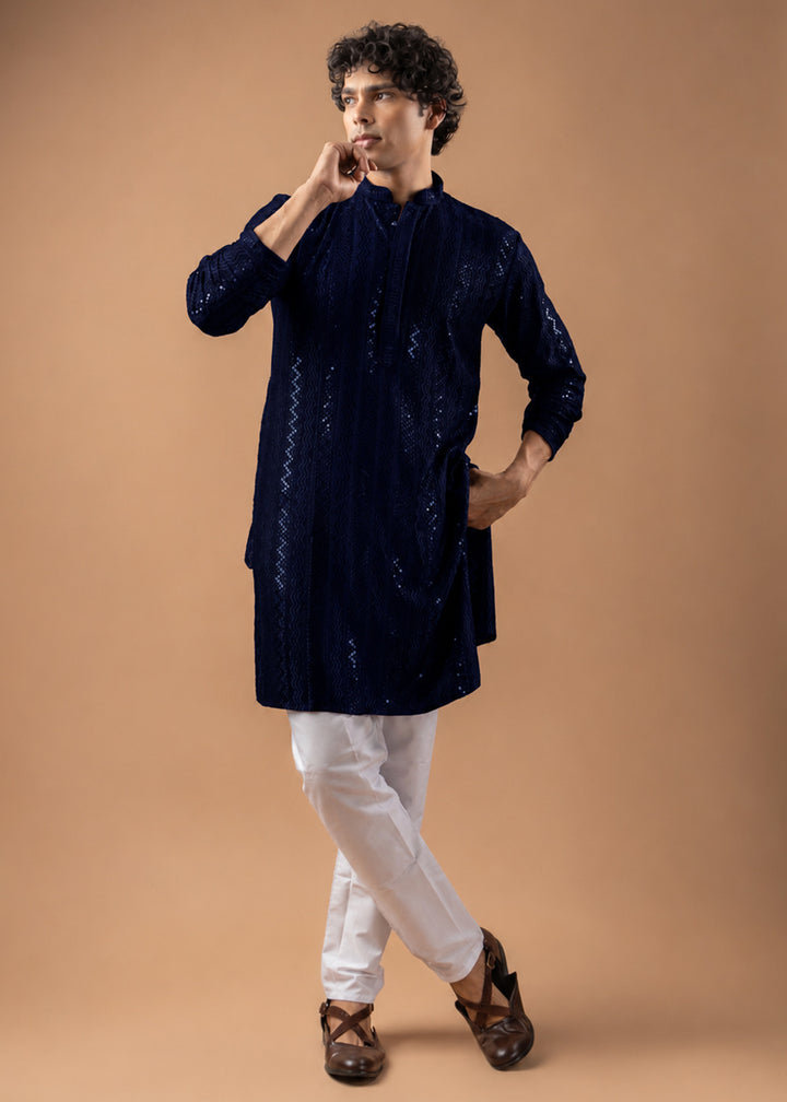 Midnight Blue Rayon Kurta with Embroidered Sequin Accents