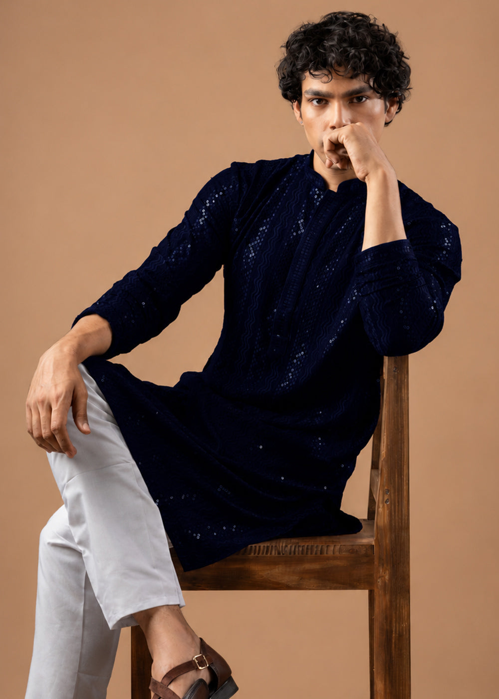 Midnight Blue Rayon Kurta with Embroidered Sequin Accents