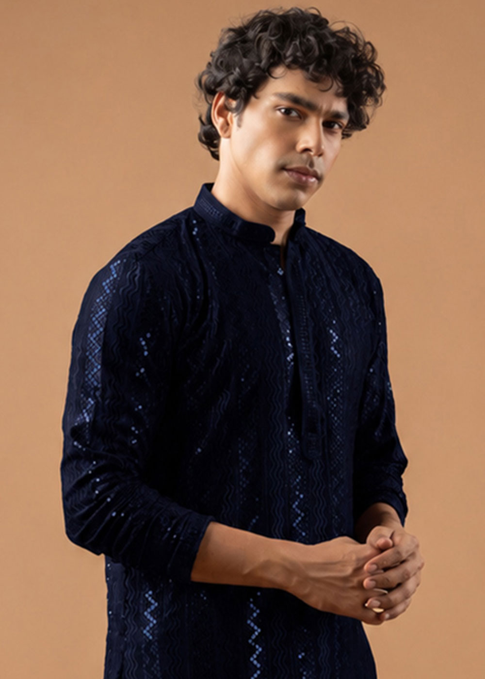 Midnight Blue Rayon Kurta with Embroidered Sequin Accents