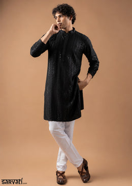 Spider Black Rayon Kurta with Embroidered Sequin Accents