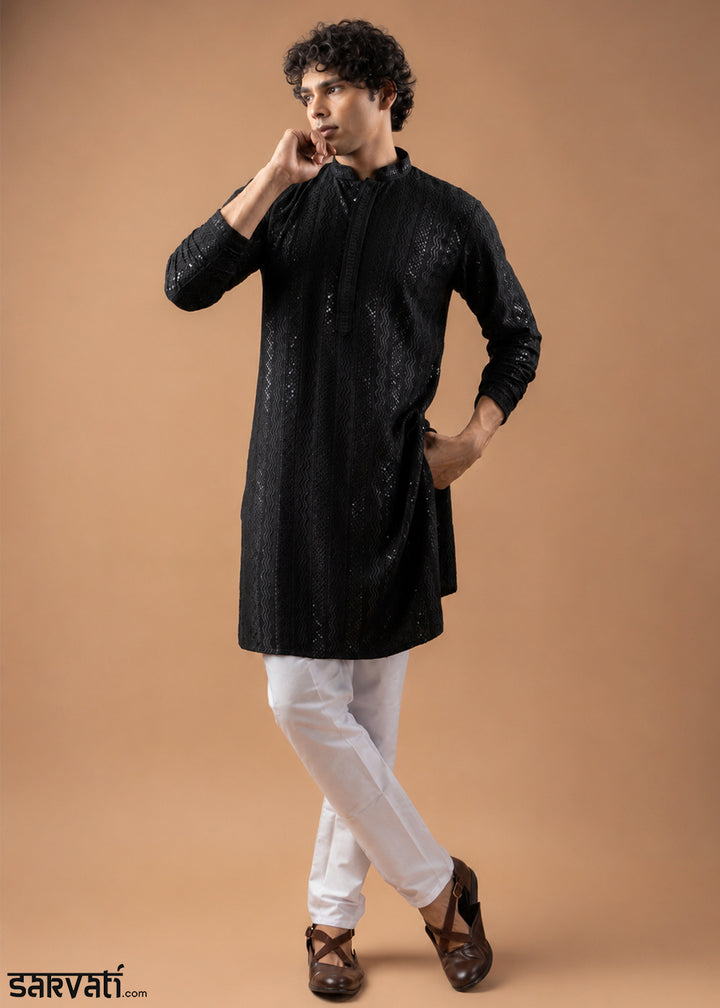 Spider Black Rayon Kurta with Embroidered Sequin Accents