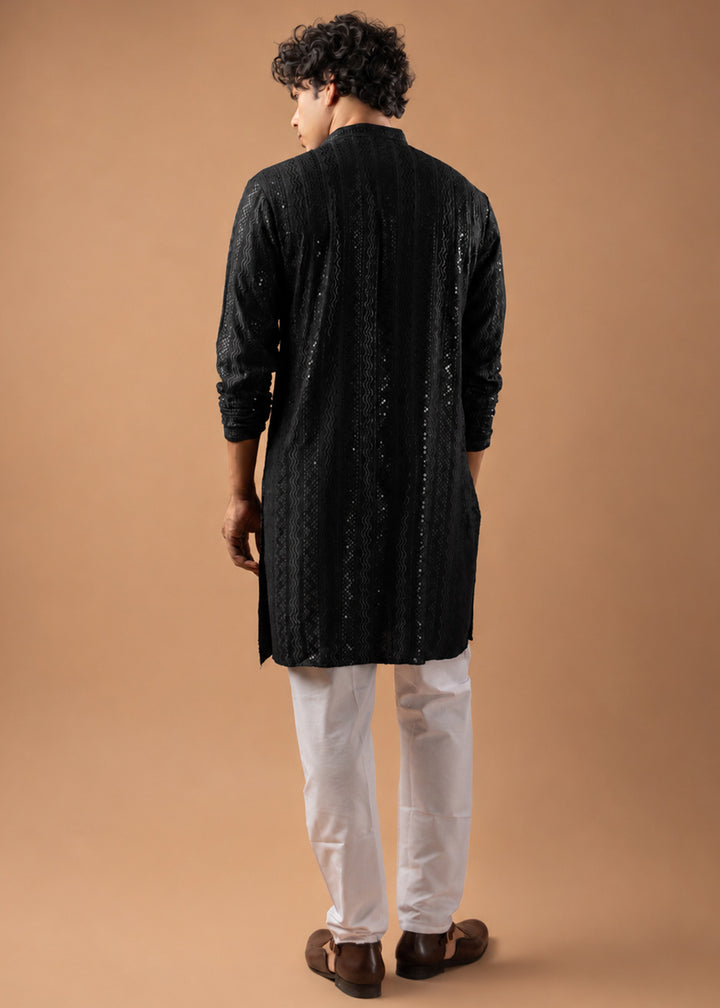Spider Black Rayon Kurta with Embroidered Sequin Accents