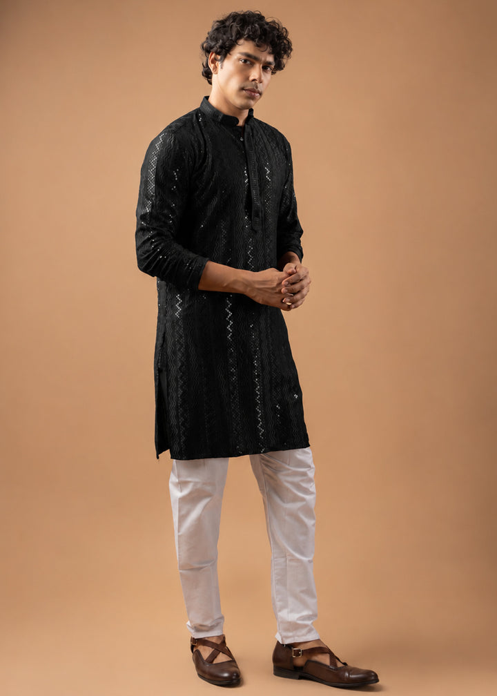 Spider Black Rayon Kurta with Embroidered Sequin Accents