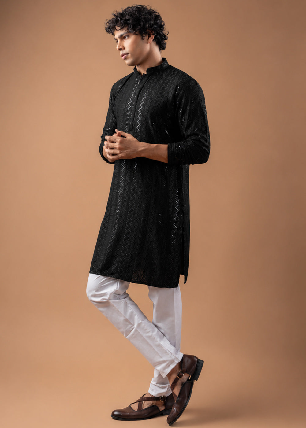 Spider Black Rayon Kurta with Embroidered Sequin Accents
